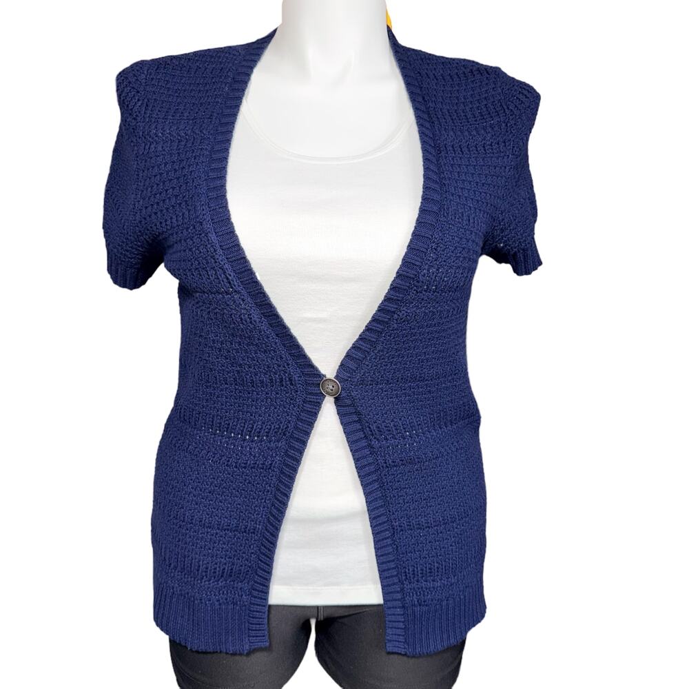 Chaps Womens Cardigan Sweater Knit Single Button Close Short Sleeve Navy Blue L